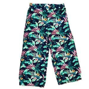 LOFT Pants Women's Size14 Blue Green Botanical Wide Leg Flat Front Pull-On
